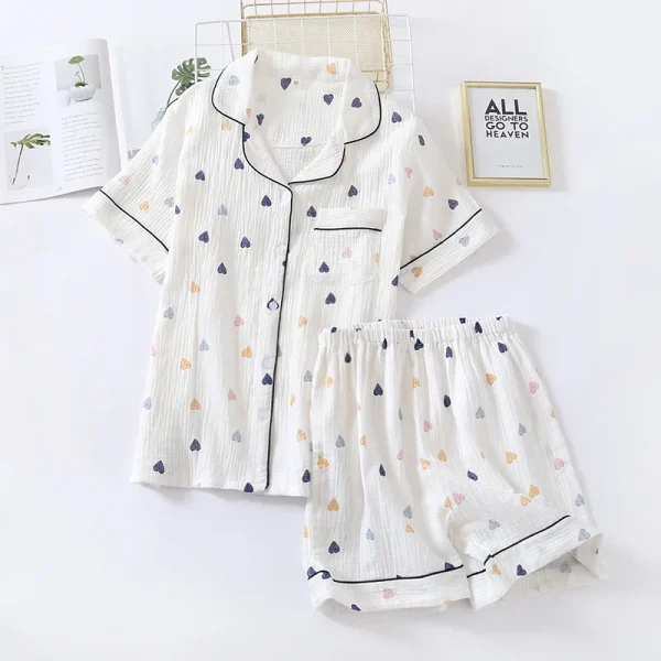 100% Cotton Heart Print Polo Collar Shorts Pajamas Set