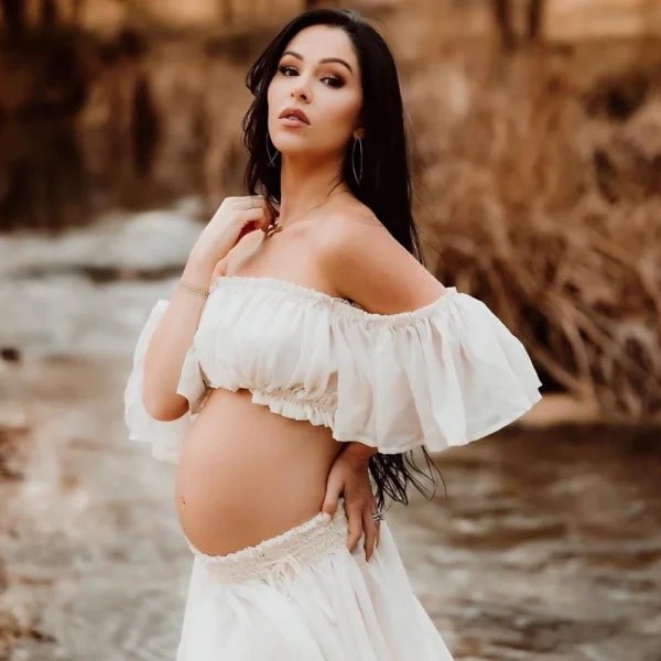 Off Shoulder Ruffled Semi Transparent Chiffon Long Maternity Dress
