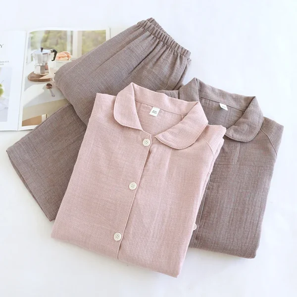 Retro solid color 100% double gauze wrinkly cotton pajamas sets