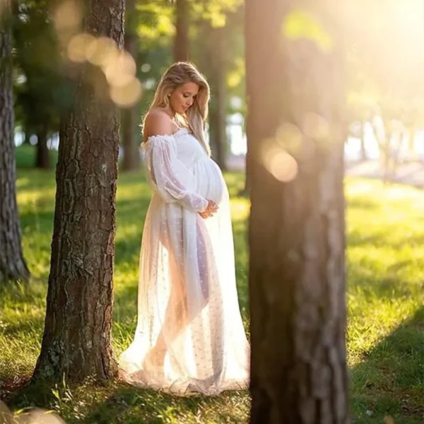 White Dot Tulle Maternity See Through Dress