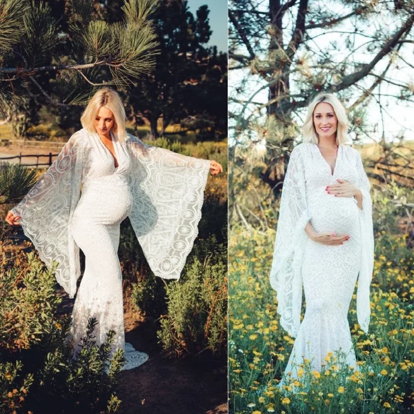 White Lace Maternity Gown V neck