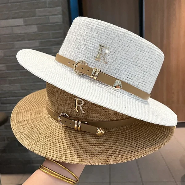 Summer Flat Top Straw Hats for Women Metal R Letter