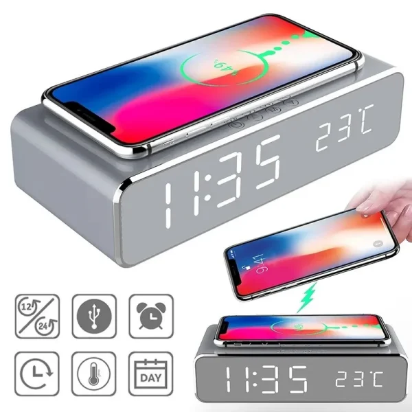 Wireless Charger Alarm Clock Thermometer Docking Station for iPhone Samsung