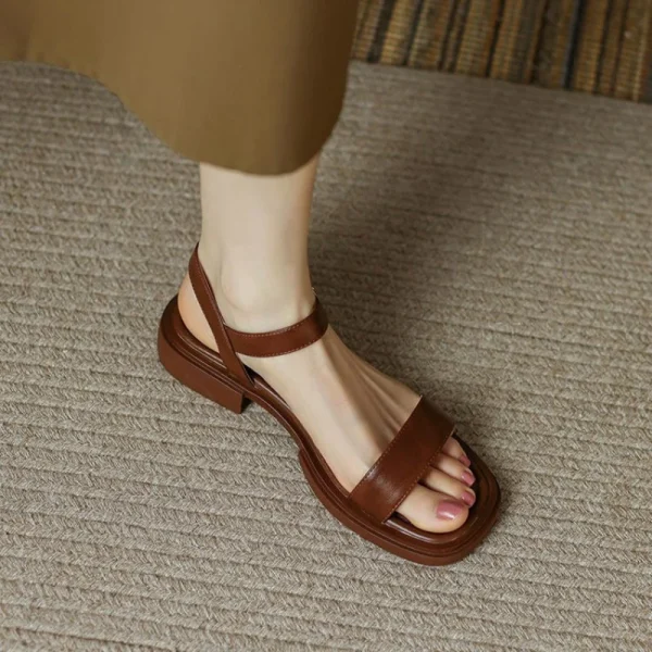 French Vintage Brown Sandals Summer Low Heel Open Toe