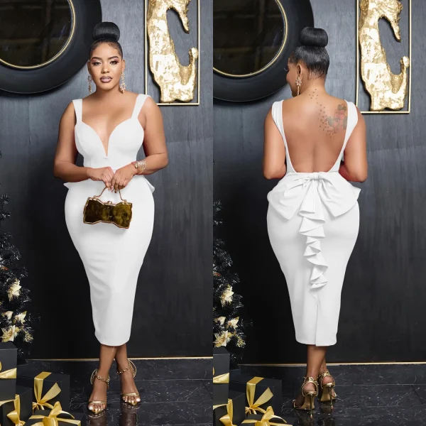 Summer Deep V Neck White Backless Midi Dress Hen Do Party