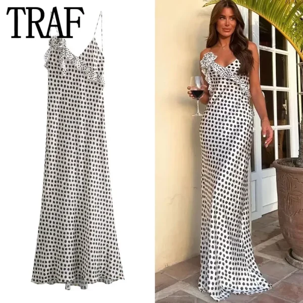 Polka Dot Slip Satin Backless Long Summer Dress