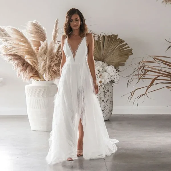 Deep V Neck Women Backless Sleeveless White Dresses