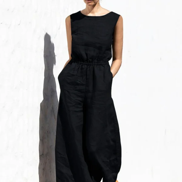Solid Cotton Linen Jumpsuit Round Neck Sleeveless