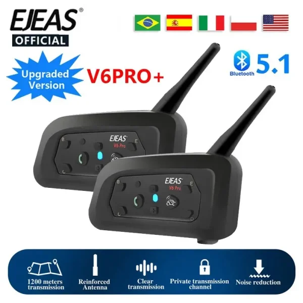 V6 PRO Motorcycle Intercom Helmet Bluetooth Headset 6 Riders 800m Communicator Waterproof