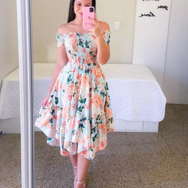 Summer Ladies Off Shoulder Flower Print Dress