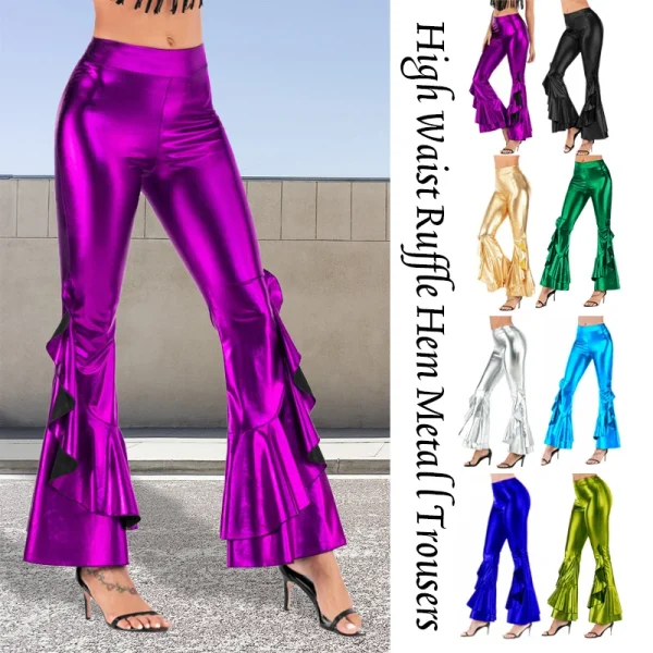 Women Shiny Flare Disco Pants Trousers