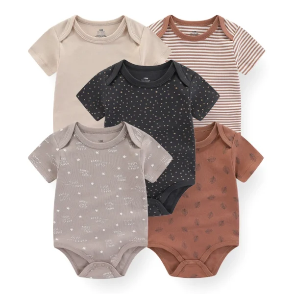 Solid Color Print 5Pieces Cotton Unisex Newborn Bodysuits