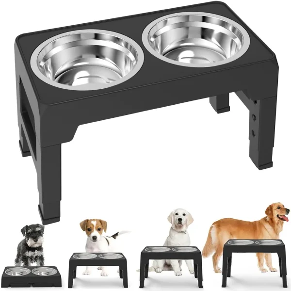 Elevated Dog Feeder Adjustable Raised Double Bowls Stainless-Steel