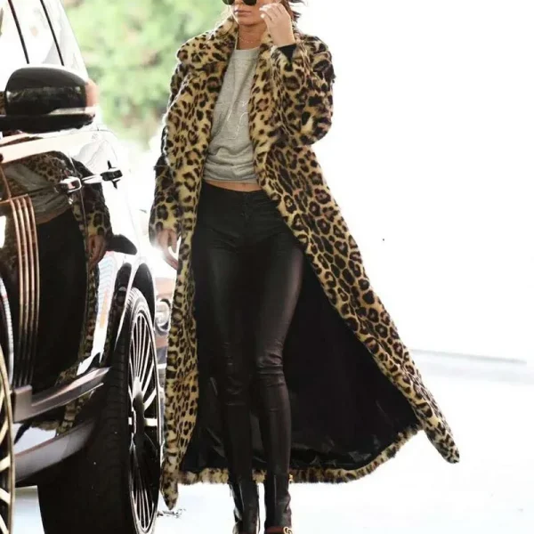Women Extra Long Leopard Fur Coat Faux Fur Long Coat