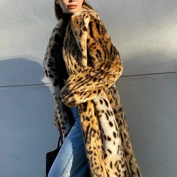 Premium Leopard Fur Coat Long Warm Thick Fluffy Faux Fur Coat