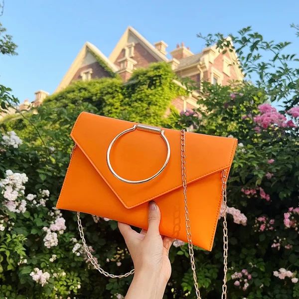 Designer Metal Ring Orange Envelope Handbag Purses