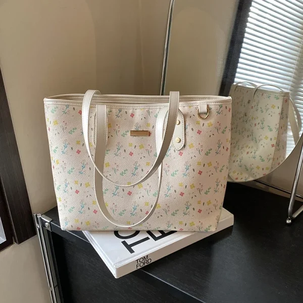 Flowers Print Commuting Tote Shoulder Bag with Zipper