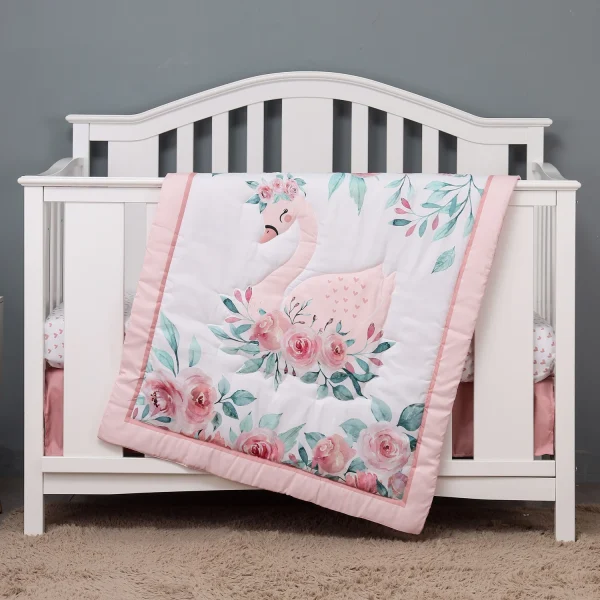 3pcs Microfiber Baby Crib Bedding Set Swan & Flower Design