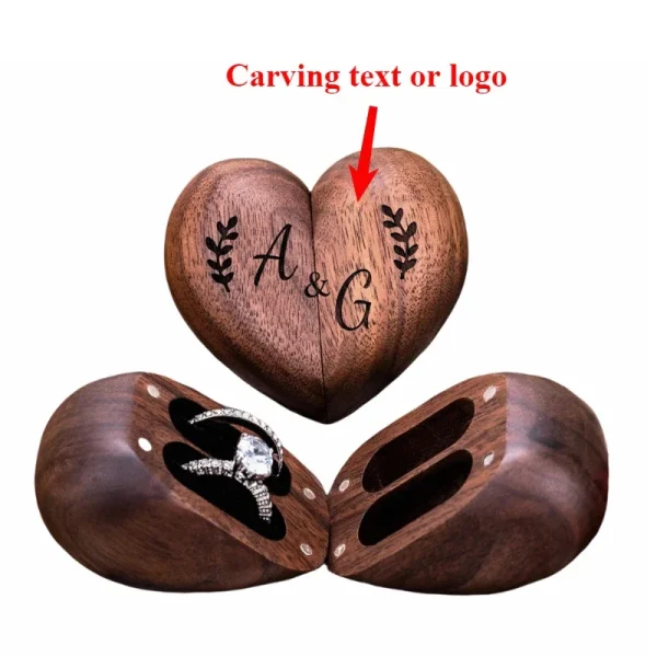 Engraved Walnut Wood Heart-Shaped Double Ring Box for Wedding/Anniversary Gifts
